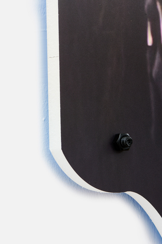 Wrong hole (using ketamine femmunism to foster derealisation), 2021. In collaboration with Andrey Bogush. UV print on light-weight foam board, painted screws, 130 x 55 x 1.9 cm, in: Von der schenkenden Tugend, 2021, Zarinbal Khoshbakht, Cologne (detail)