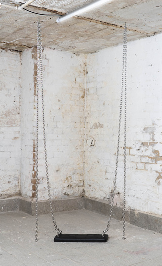 Swing (protocolled strolling in the open sea), 2024. steel chains, steel ceiling mounting, PVC swing seat, dimensions variable, in: Metal and the Flesh, 2024, Horse and Pony, Berlin 