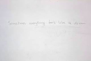 Dream of Shame, 2023. Pencil on 4 walls,
(quote from Shame by Ingmar Bergman), dimensions variable 