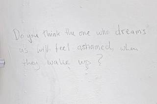 Dream of Shame, 2023. Pencil on 4 walls,
(quote from Shame by Ingmar Bergman), dimensions variable 